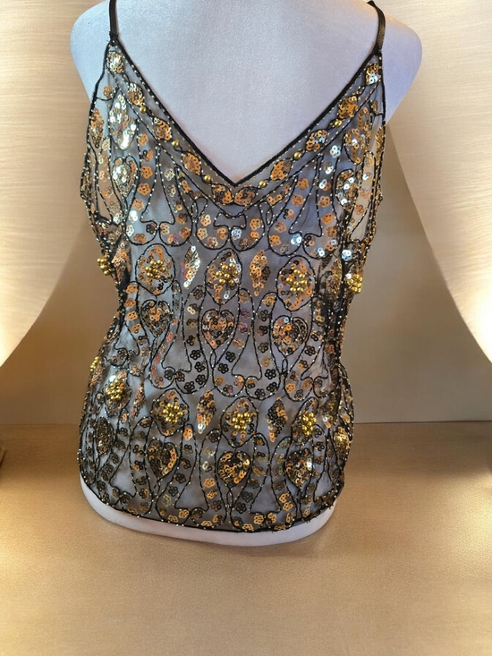 Tops - Gold Sequin Embellished Black Mesh Cami Top